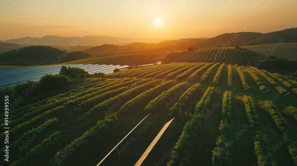 Fototapeta premium Aerial view of a solar panel farm with a beautiful landscape during sunset time
