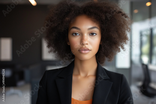 Close-up portrait of a professional woman with natural curly hair, dressed in a suit, expressing confidence and poise in a modern office setting.