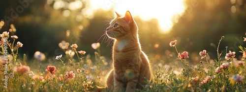 Orange cat in blooming flower field at sunset