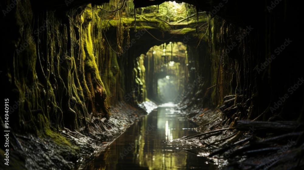 Flooded dark tunnels with eerie lighting and overgrown vegetation Flooded dark tunnels with eerie lighting and overgrown vegetation