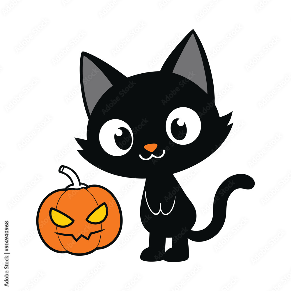 Black Cat and Halloween Pumpkin Cartoon Character Vector Illustration. Black Cat and Halloween Pumpkin Cartoon Character Vector Illustration.