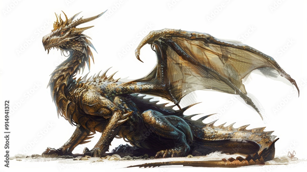 A regal dragon perched majestically with a crown-like structure on its head, set against a white background to emphasize its noble and commanding aura. A regal dragon perched majestically with a crown-like structure on its head, set against a white background to emphasize its noble and commanding aura.