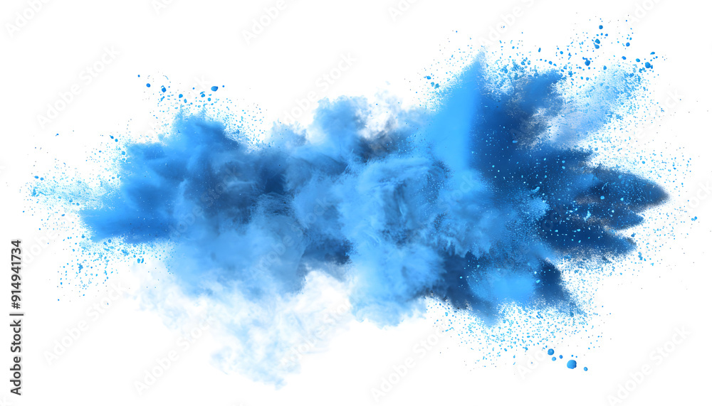 Bright blue Holi paint color powder festival explosion burst isolated white background. industrial print concept background isolated on a white background design