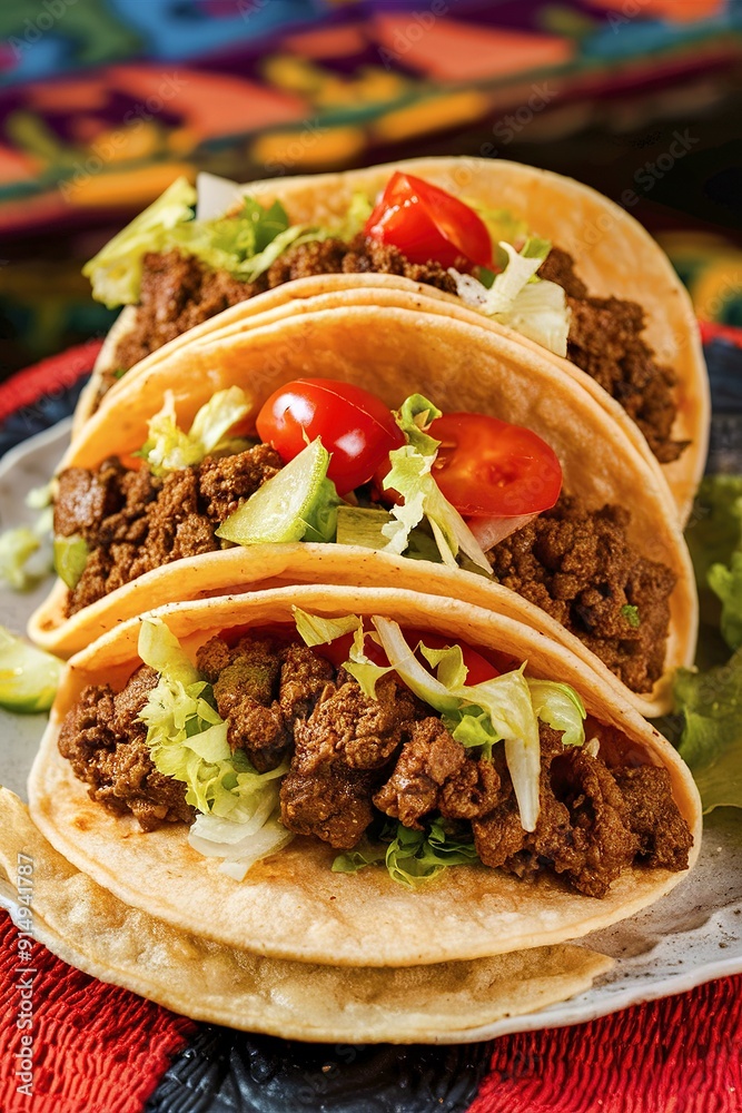 Mexican tacos with lettuce, beef and tomatoes Mexican tacos with lettuce, beef and tomatoes