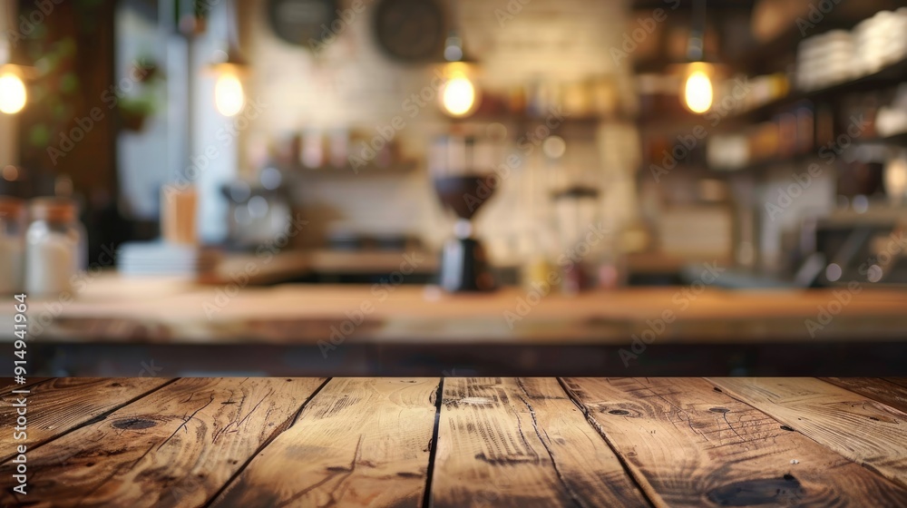 Empty wooden table top with blurred coffee shop background for product display or design layout. Empty wooden table top with blurred coffee shop background for product display or design layout.
