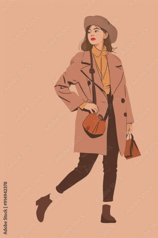 Fototapeta premium Minimalism illustration, a European woman, wearing a boho tailored blazer, a beret, and a vintage crossbody bag, standing with one hand on her hip, boho woman fashion, patterned, flat illustration