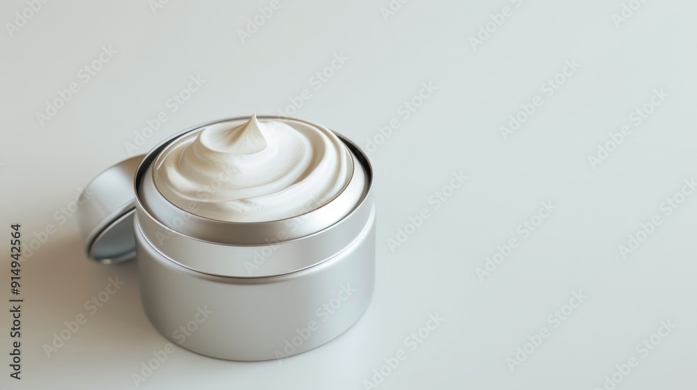 Close-up of a delicate cream in a silver tin, isolated on a white background, highlighting its smooth consistency and refined packaging. Close-up of a delicate cream in a silver tin, isolated on a white background, highlighting its smooth consistency and refined packaging.