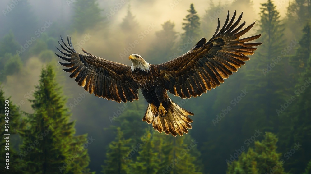 Obraz premium Majestic eagle soaring above a forest, high quality