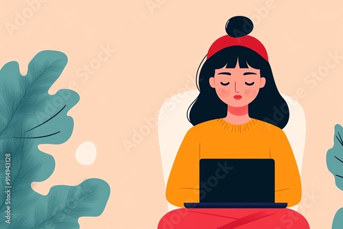 Vector illustration of a woman working on a laptop, with a calm and focused expression in a cozy indoor environment.