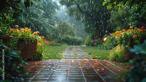 Soft rain falling on a lush garden viewed from a cozy patio, perfect pastel tone, whimsical style, high resolution, professional create, very detailed, high quality