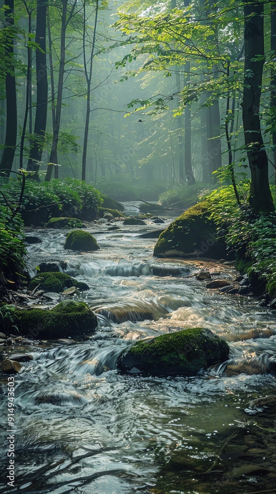 Fototapeta premium Tranquil forest stream with gentle water flow, perfect pastel tone, whimsical style, high resolution, professional create, very detailed, high quality