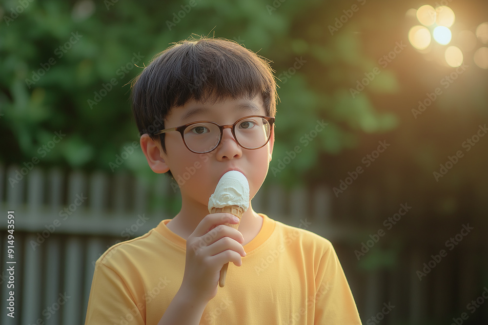 Young boy with glasses enjoying an ice cream cone in the park at sunset, wearing a yellow shirt with greenery in the background. Young boy with glasses enjoying an ice cream cone in the park at sunset, wearing a yellow shirt with greenery in the background.