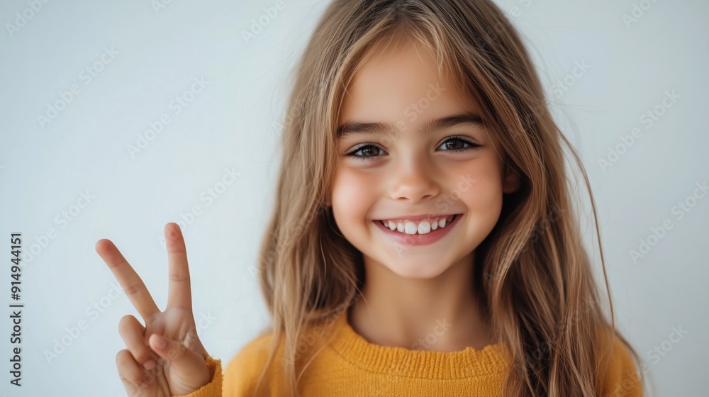 A cheerful girl displays a peace sign while beaming with joy A cheerful girl displays a peace sign while beaming with joy