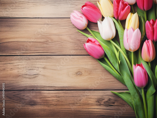Tulip blossom flowers on vintage wooden background