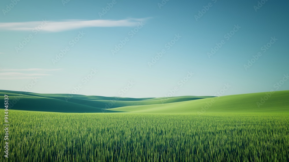 Obraz premium A serene landscape featuring vast green fields under a clear blue sky, perfect for nature-themed projects and serene backgrounds.