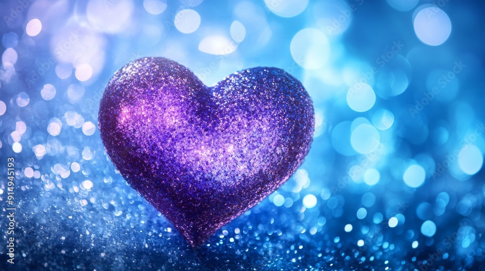 Obraz premium Glittering purple heart on blue bokeh background