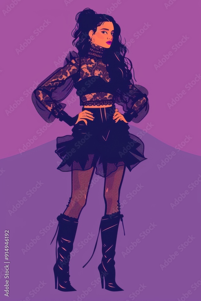Minimalism illustration, a Middle Eastern woman, wearing a lace blouse with a tulle skirt and high boots, with her hands on her hips, gothic woman fashion, flat illustration on twilight purple Minimalism illustration, a Middle Eastern woman, wearing a lace blouse with a tulle skirt and high boots, with her hands on her hips, gothic woman fashion, flat illustration on twilight purple