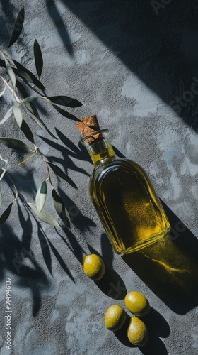 Natural Essence of Health: A Bottle of Olive Oil with Fresh Olives and Branches Casting Shadows on a Rustic Surface, Emphasizing the Product's Natural and Healthy Qualities. photo