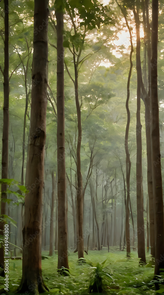 Naklejka premium a picture of a forest with a horse in the middle