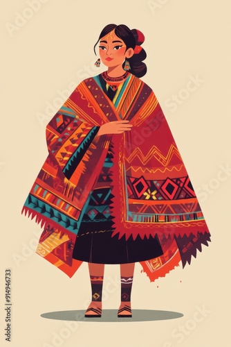 Minimalism illustration, a Peruvian woman, wearing a brightly colored poncho in deep red with geometric patterns, standing with both hands gracefully posed, traditional fashion, flat illustration