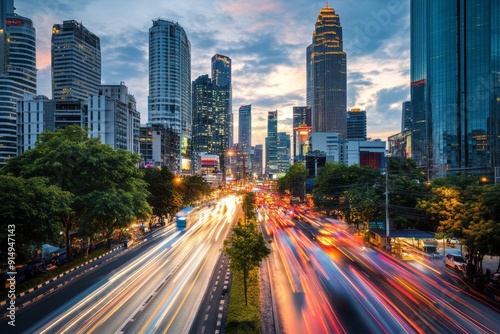 A vibrant cityscape at dusk, showcasing tall skyscrapers and busy streets filled with moving vehicles.