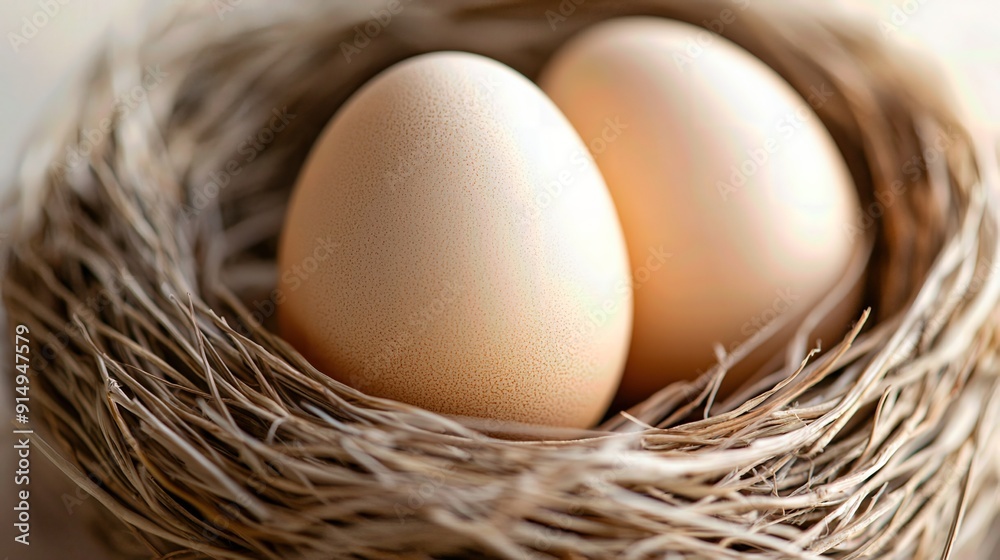 Two smooth, pale eggs resting peacefully in a delicate nest made of twigs and fibers, symbolizing new beginnings. Two smooth, pale eggs resting peacefully in a delicate nest made of twigs and fibers, symbolizing new beginnings.