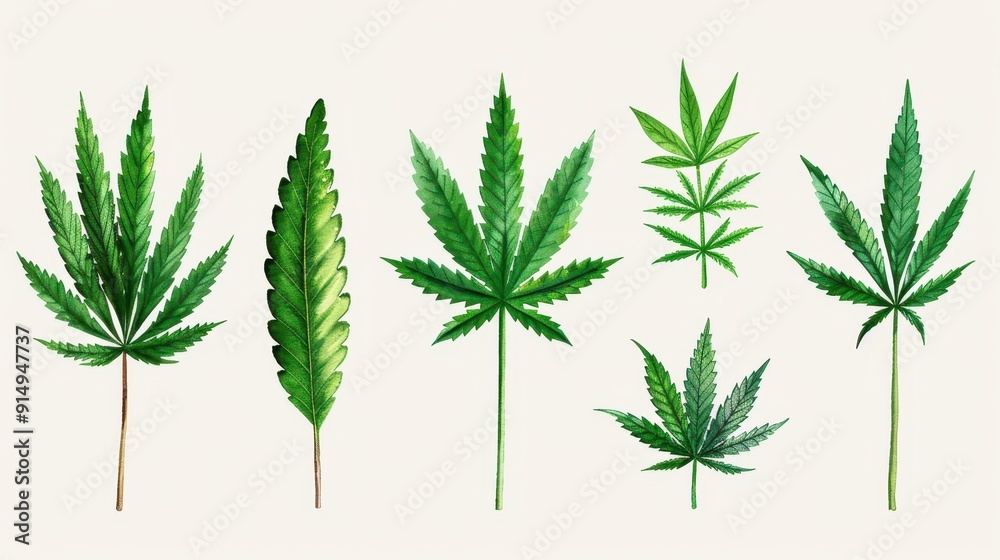 Explore the beauty of cannabis leaves in this handpainted watercolor, showcasing various strains for an artistic touch. Explore the beauty of cannabis leaves in this handpainted watercolor, showcasing various strains for an artistic touch.