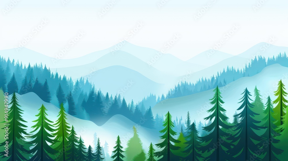 Experience a serene morning view from a misty pine forest, captured in a modern, cartoonstyle illustration with rich textures. Experience a serene morning view from a misty pine forest, captured in a modern, cartoonstyle illustration with rich textures.