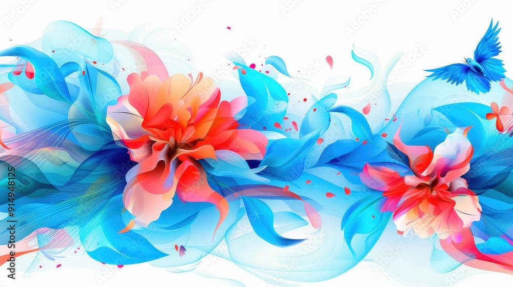 Obraz premium Vibrant abstract floral design featuring delicate birds, a stunning blend of red and blue motifs on a white backdrop.