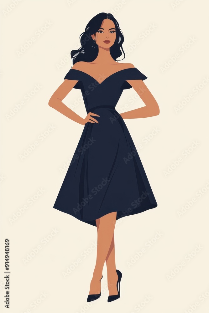 Fototapeta premium Minimalism illustration, a South Asian woman, wearing a refined navy blue dress with a sweetheart neckline and A-line skirt, standing with one hand resting gently on her hip, elegant fashion, boho