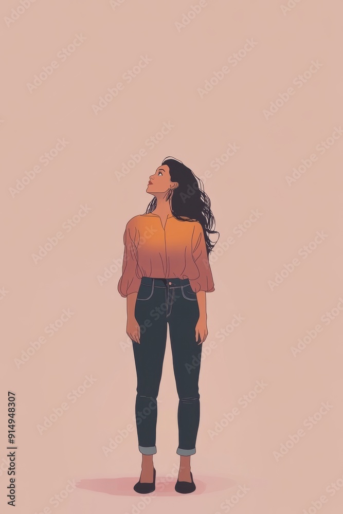 Minimalism illustration, a South Asian woman, wearing a recycled fabric blouse with sustainable denim jeans, standing with hands resting at her sides, eco-friendly fashion, boho, flat illustration Minimalism illustration, a South Asian woman, wearing a recycled fabric blouse with sustainable denim jeans, standing with hands resting at her sides, eco-friendly fashion, boho, flat illustration
