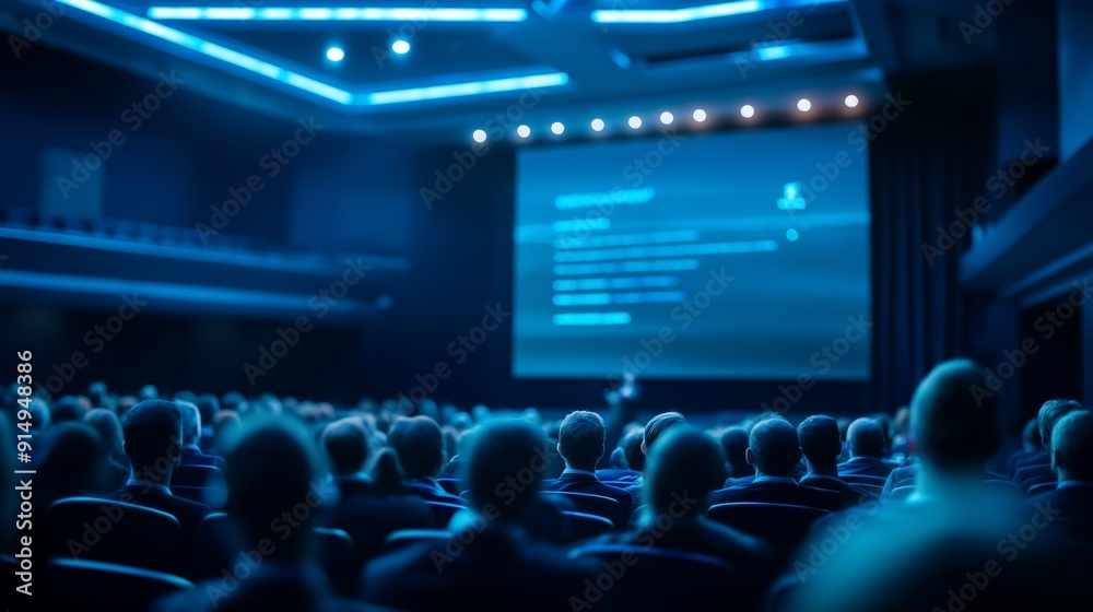 A professional audience watches a presentation in a modern conference hall, illuminated by blue lighting and a large screen. A professional audience watches a presentation in a modern conference hall, illuminated by blue lighting and a large screen.