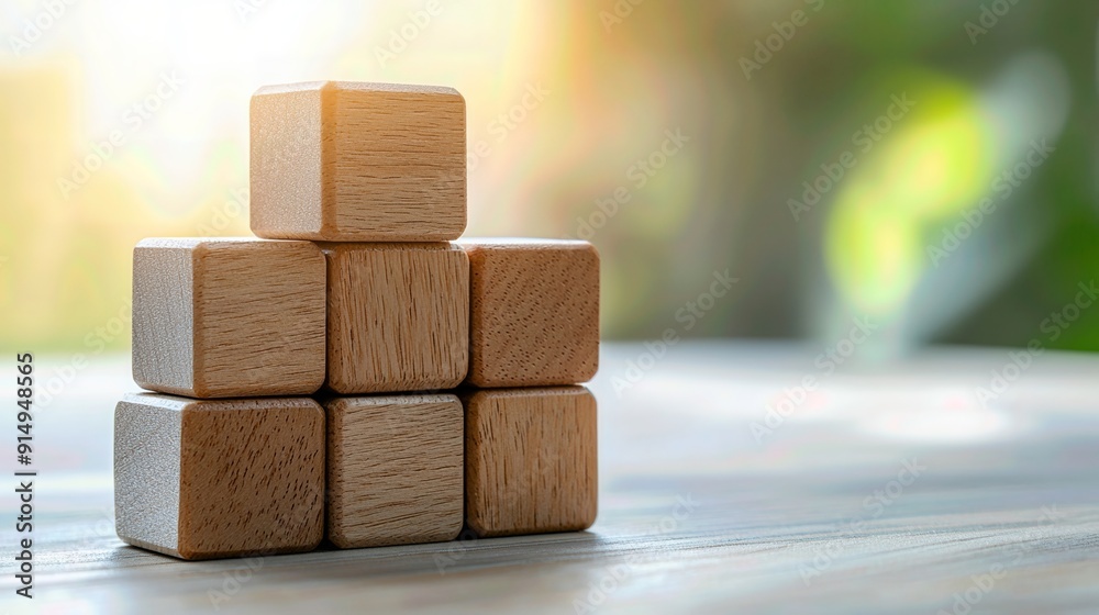 Wooden blocks stacked on a table, ideal for educational concepts, creativity, and childhood memories in a warm, natural light. Wooden blocks stacked on a table, ideal for educational concepts, creativity, and childhood memories in a warm, natural light.