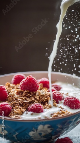 Crispy Granola Delight: A Bowl of Nutritious and Inviting Healthy Breakfast with Fresh Raspberries and a Touch of Milk. photo