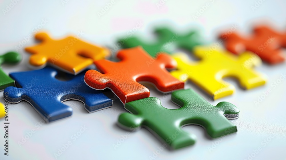 Obraz premium Colorful puzzle pieces interlocked on a surface, symbolizing teamwork, problem-solving, and creativity in a vibrant design.