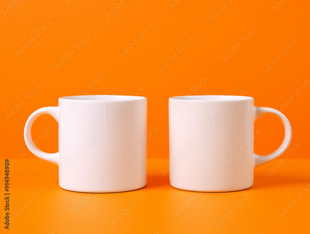 Two White Mugs on Orange Surface