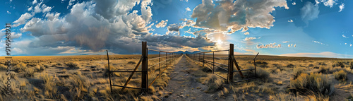 Panorama of a Country Road with a Metal Fence and a Dramatic Sky - Realistic Image