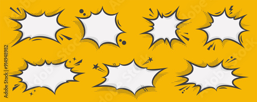Manga speech bubble. Comic text frame with pop art halftone dotted effect. Balloon chat shape for dialog. Vector cloud for shock shout and scream action messages. Irregular cartoon decoration