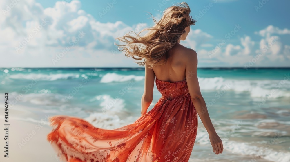 A woman in a summer dress, standing on a beach with the ocean behind her. Her relaxed stance and the flowing fabric of her dress highlight the carefree and vibrant atmosphere.