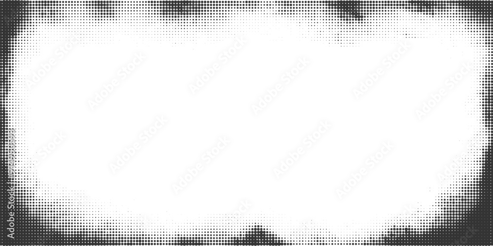 Halftone background with dotted texture. Vector gradient grunge frame. Noisy comic pattern. Vintage fade black border. Abstract old gritty screentone.