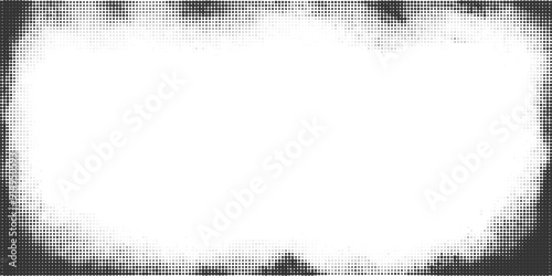 Halftone background with dotted texture. Vector gradient grunge frame. Noisy comic pattern. Vintage fade black border. Abstract old gritty screentone.