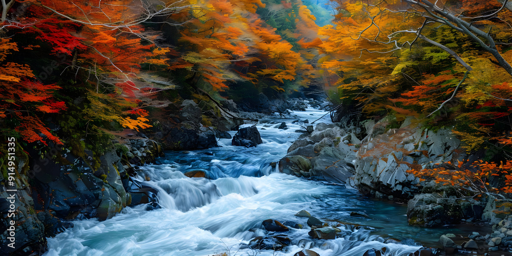 Autumn River Flowing Through Rocky Gorge, Nature Photography Autumn River Flowing Through Rocky Gorge, Nature Photography