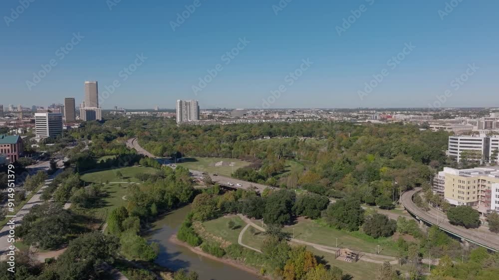 Rising shot of Buffalo Bayou Park in Houston, TX Rising shot of Buffalo Bayou Park in Houston, TX