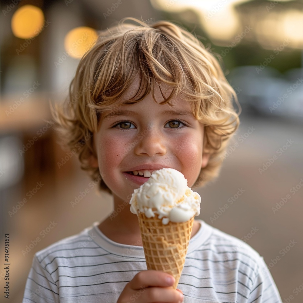 Happy Young Boy Eating Vanilla Ice Cream Cone Outdoors