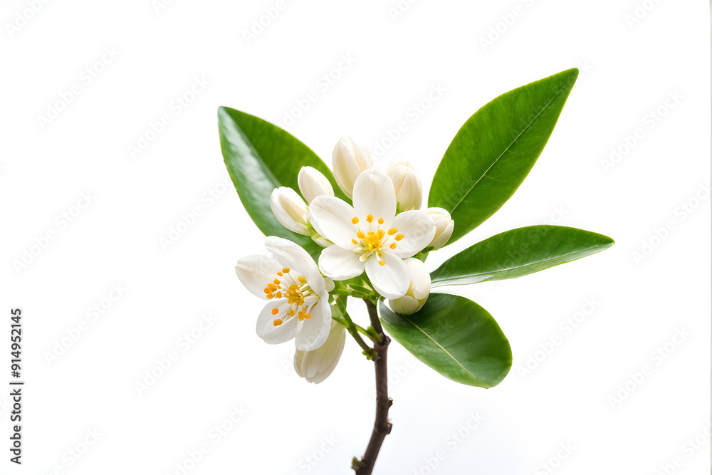 Obraz premium Orange tree flowers bunch closeup isolated on white. Neroli blossom. White citrus tree bloom 