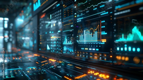 A clear and detailed image of a virtual stock market trading floor with holographic displays, featuring intricate stock charts and analytics.