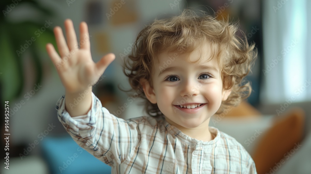 A joyful child waves enthusiastically while smiling brightly indoors A joyful child waves enthusiastically while smiling brightly indoors