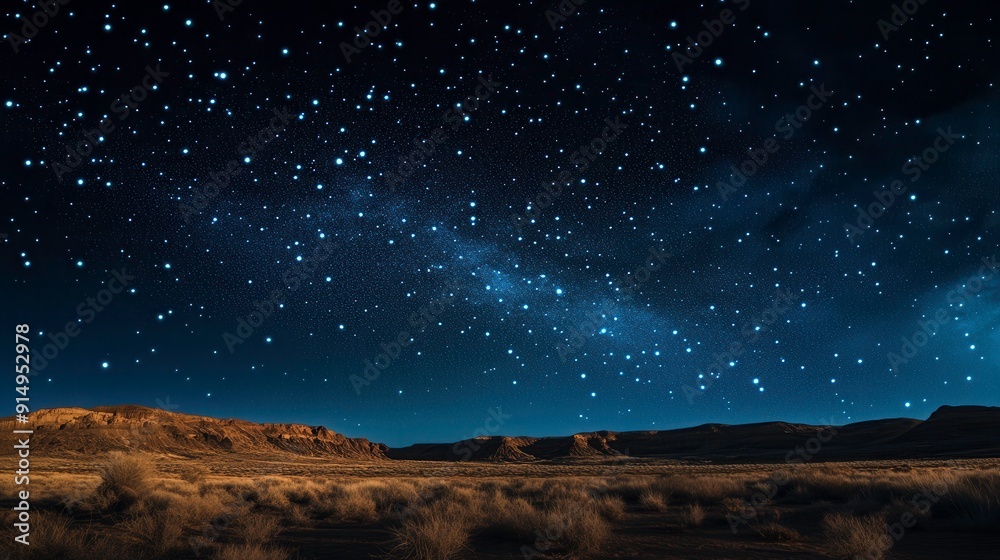 Fototapeta premium A night sky filled with stars over a desert landscape, breathtaking 4k resolution, super-resolution preserves nuances with some grain