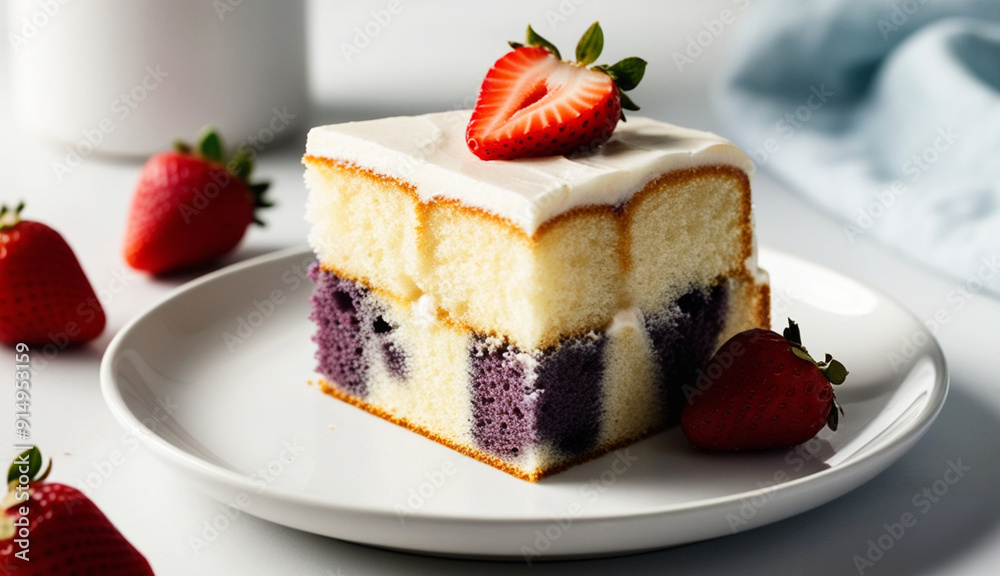 Layered cake slice with strawberry on top, dessert with vanilla and blueberry layers
Layered cake slice with strawberry on top, dessert with vanilla and blueberry layers