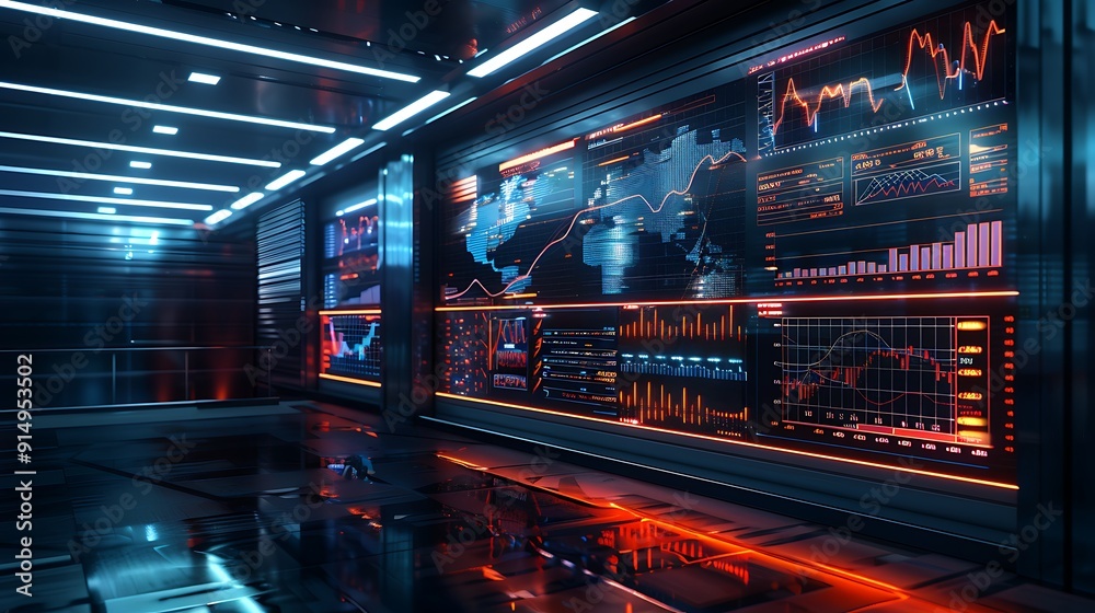 A crisp photograph of a futuristic interface showing stock trends and data analytics, with floating holographic screens. A crisp photograph of a futuristic interface showing stock trends and data analytics, with floating holographic screens.